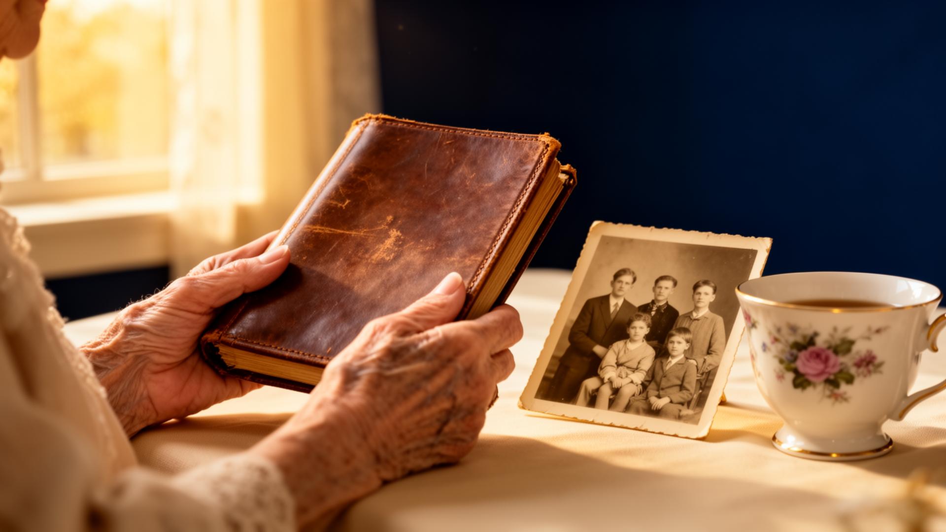 An elderly woman's hands holding a leather journal beside a sepia family photo and teacup